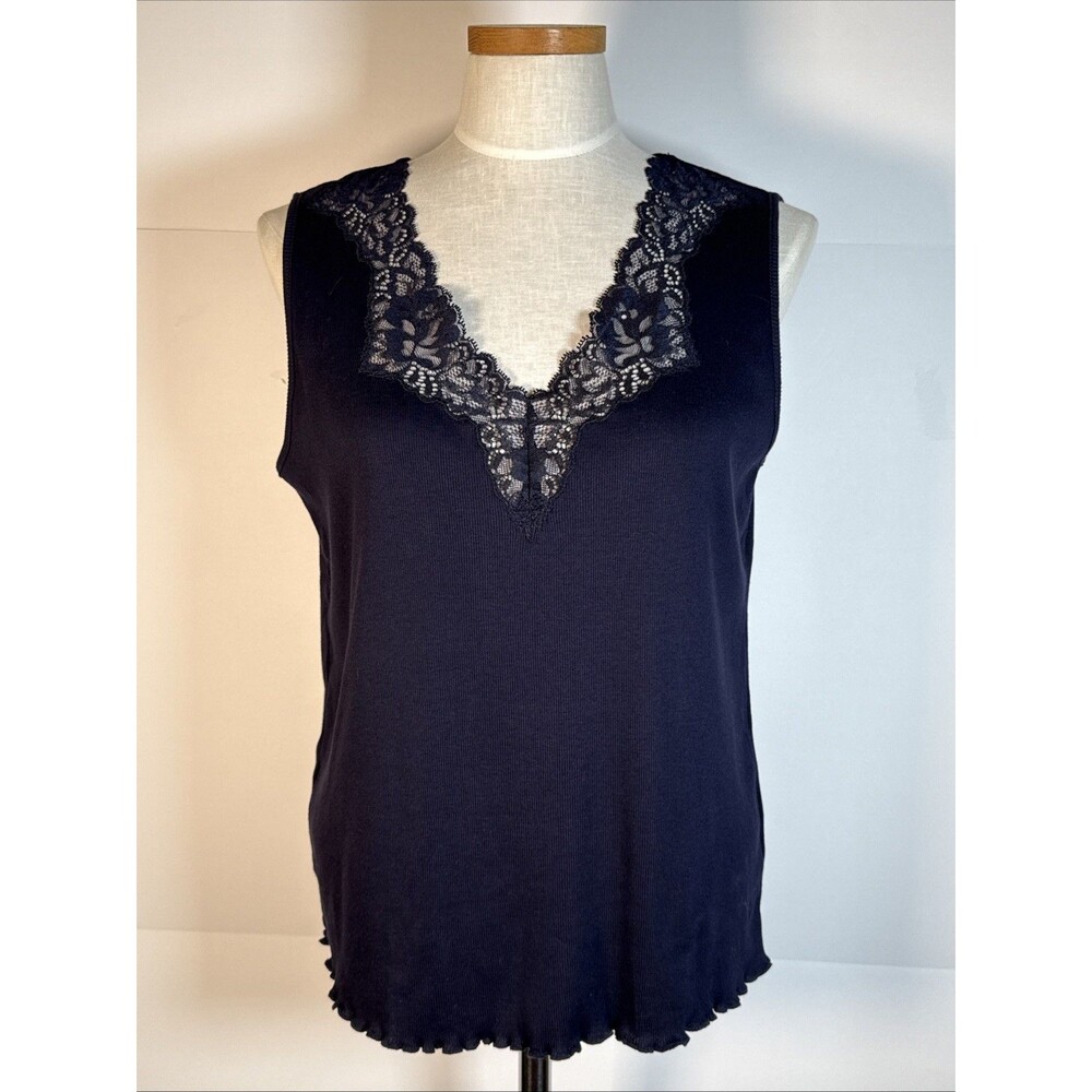 Lauren Ralph Lauren Navy Blue Lace Tank Top Women 1X Ribbed NWT Lettuce Hem Plus